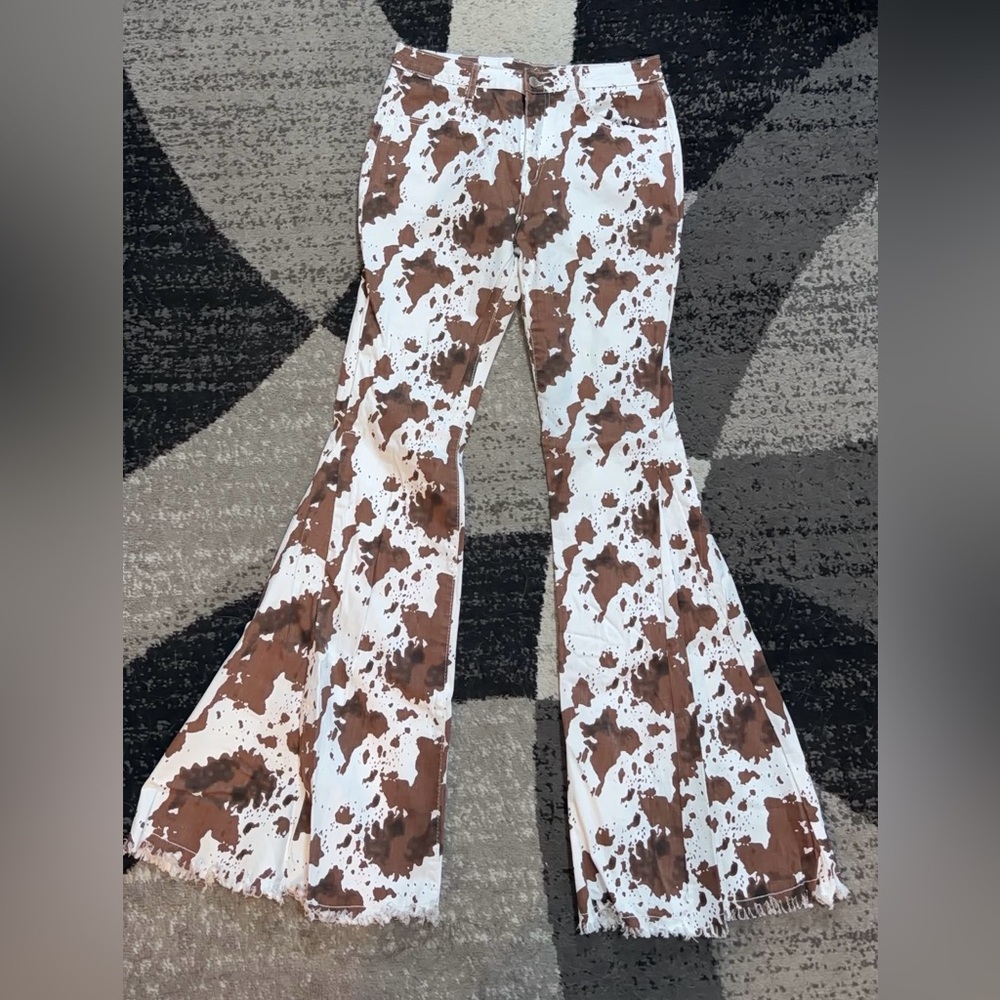 Brown and White Flared Pants (Cow Print)